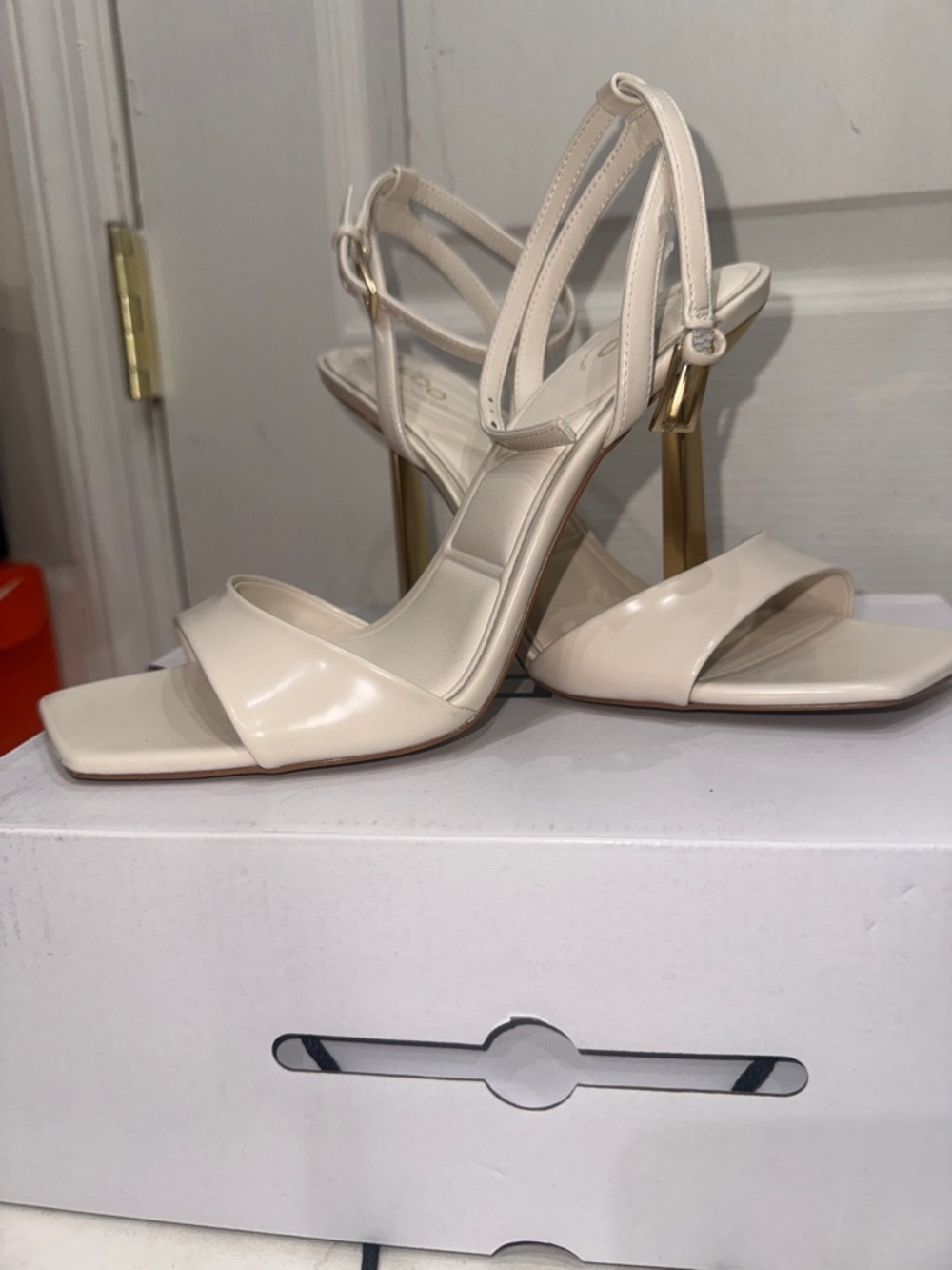 Aldo Cream Patent Strappy Gold-Accent High Heels